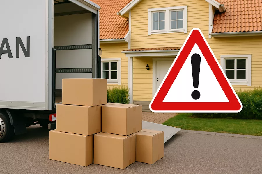 “Flyttlastbil och flyttkartonger framför bostad med varningssymbol – symboliserar riskerna med att anlita en för billig flyttfirma och vikten av kvalitet, ansvar och trygghet”
